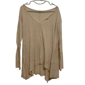 Oversized MOD Open Neck Long Sleeve Ribbed Cream Top Asymmetrical Hemline Large